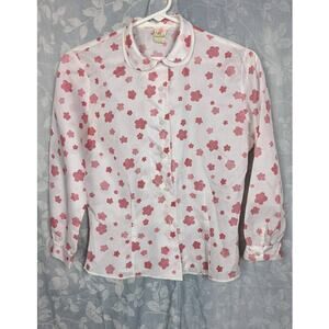 Vintage 50's Red Floral And Clover Print Blouse Sz Sm